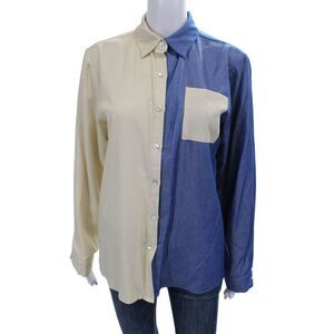 Muze Womens Long Sleeves Button Down Blouse Beige Blue Size Medium